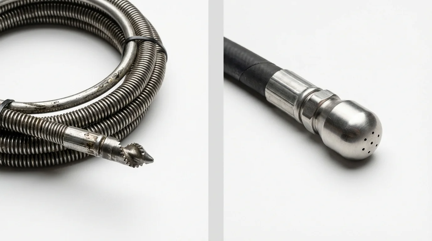 Drain snake cable and hydro jetting nozzle used for drain cleaning in Richmond, MO