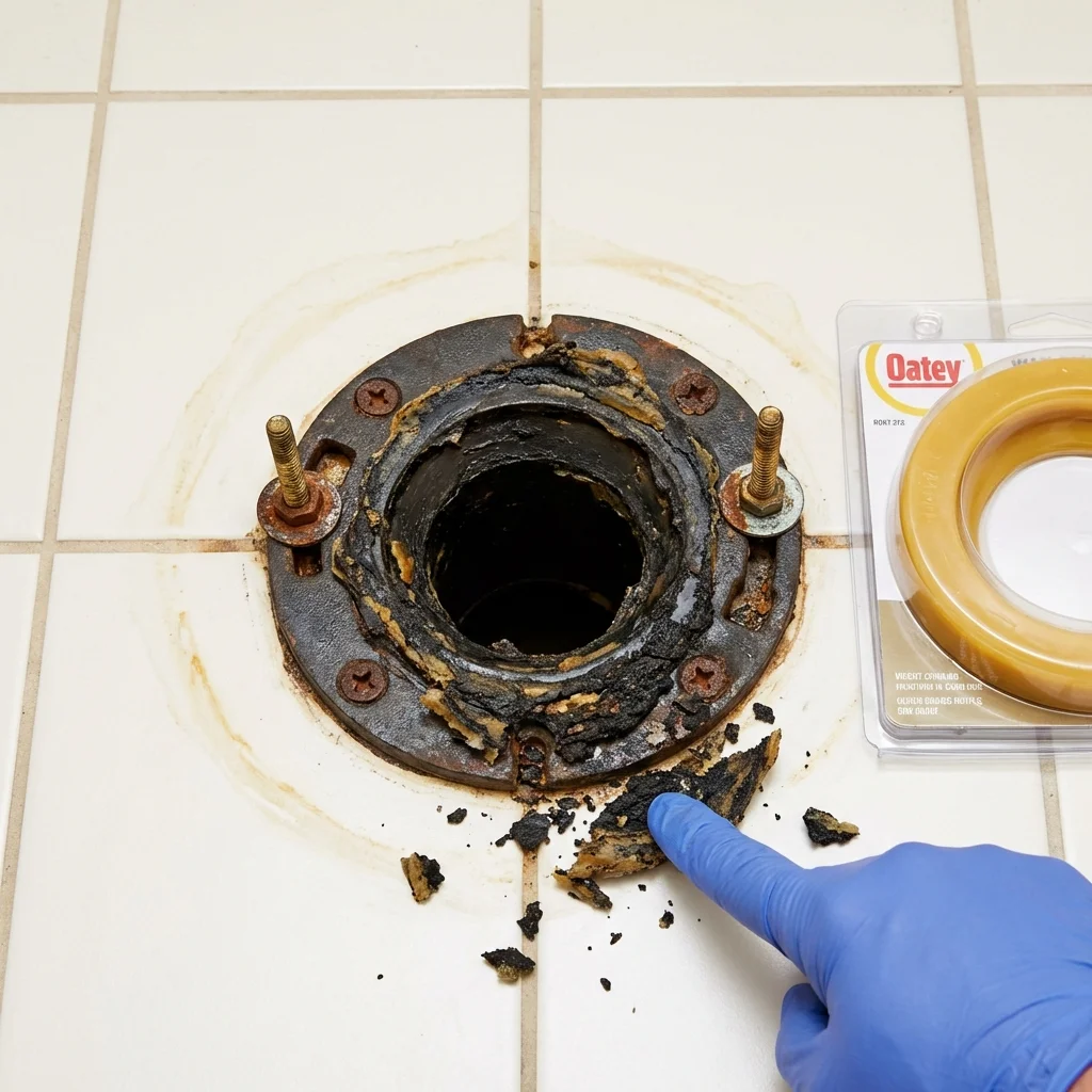 Failed wax ring showing water seepage at the base of a toilet in a Richmond, MO home